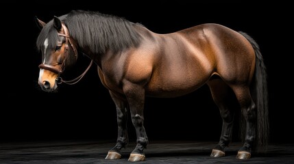 A brown horse with a dark mane and bridle stands in profile against a dark background.
