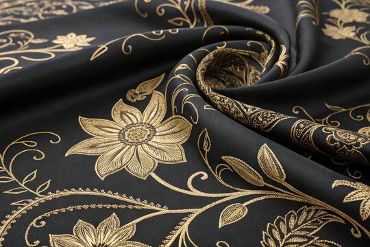 Elegant Black and Gold Embroidered Fabric Draping Softly on a Surface