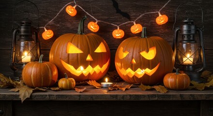 Two carved Halloween pumpkins glowing with light next to lanterns and autumn leaves jackolantern