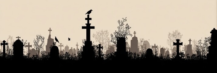 Gothic Graveyard Silhouette at Dusk: Shadows of Tombstones, Crosses, and Ravens for a Spooky Halloween Atmosphere