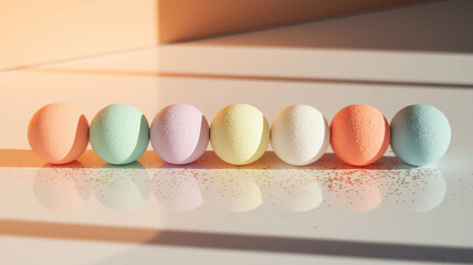 A colorful horizontal line of pastel bath bombs or candies with scattered festive sprinkles on white