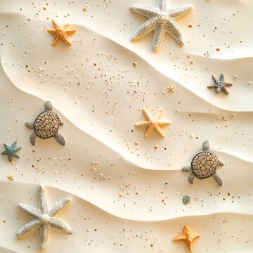 Sea turtles and starfish on sandy waves background design high resolution picture