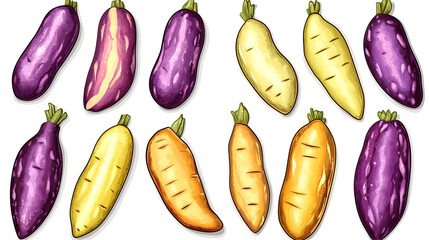 Colorful, cartoon-style illustration of various vegetables, including purple and yellow eggplants, and carrots.  Different hues and patterns are depicted on each