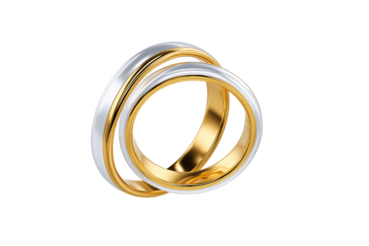 White background, vector illustration of two golden rings spinning around each other in an epic motion isolated on a transparent background in PNG format.