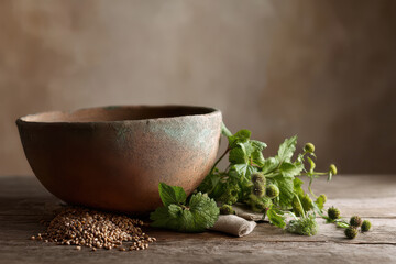 rustic clay bowl filled with grains is elegantly placed on wooden table