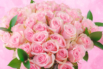 Pink rose bouquet with dewdrops for romantic floral decoration and gift background
