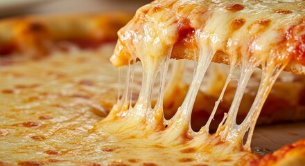 Mouthwatering melted cheese cascading down from a slice of freshly baked pizza on blur background