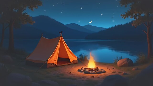 Peaceful lakeside animation depicts glowing tent crackling fire reflected glass still water under starry night atmospheric K loop inspires camping adverts lofi streams travel vlogs yearning