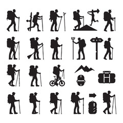 Obraz premium Minimal Hiking Man & Outdoor Gear Vector Set