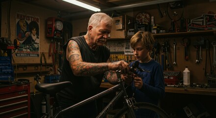 Multigenerational bonding: Grandfather shares bicycle repair wisdom with grandson in garage