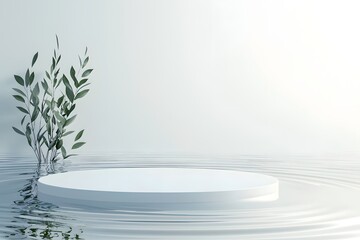 White podium on water with plant against a white background creating a serene and minimalist scene