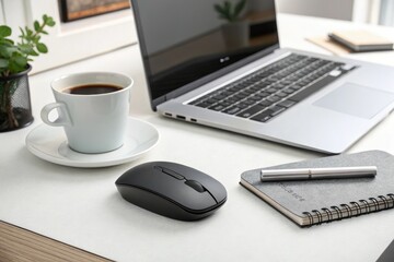 Workspace Setup With Laptop, Coffee, and Stationery in Natural Light