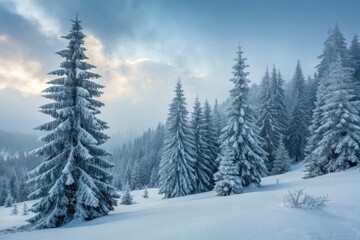 Snow-covered Pine Trees in a Quiet Winter Landscape at Dawn
