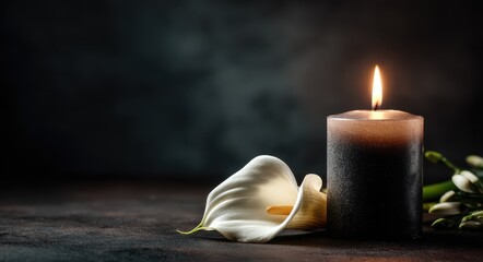 Illuminated Candle and Elegant Calla Lily on Dark Backdrop for Sympathy and Memorial Remembrance