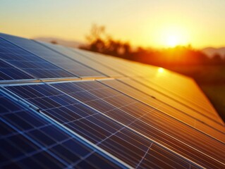 Solar panels glowing under a vibrant sunset sky. Renewable clean energy infrastructure in use.