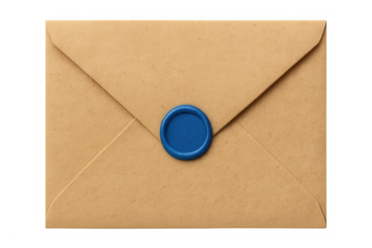 Vintage brown envelope featuring blue wax seal, symbolizing confidential communication against neutral backdrop