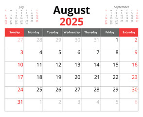 2025 august calendar. A vector English monthly calendars. Design Sunday start