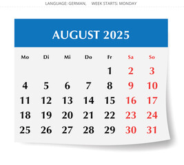 German calendar for august 2025. Vector illustration of month page Germany
