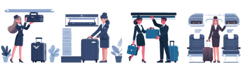 Airport scenes: Flight attendants assist passengers with luggage, overhead bins, and check-in.
