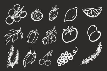 Vector set of fruits and vegetables. Black and white style. Hand draw illustration. For design, menu, cafe, wallpapers and background.