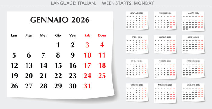 2026 year Italian calendar. Paper pages with shadow of 12 months. Vector illustration Italy - calendario