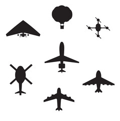  Airplane, helicopter, drone, air balloon and hang-glider set. Black vector silhouette top view isolated on a white background