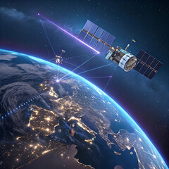 Futuristic satellites orbiting Earth with glowing data connections and city lights below a space network. Satellites with solar panels orbit a glowing Earth at night. 