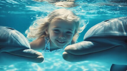 A young child interacting with friendly dolphins in a clear water environment, capturing joyful moments of aquatic exploration.