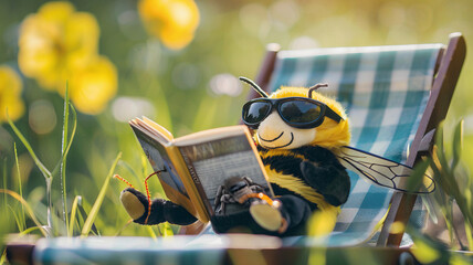 A funny stuffed bee toy lying on a beach chair, sunbathing and reading a book, and wearing sunglasses