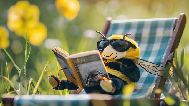 A funny stuffed bee toy lying on a beach chair, sunbathing and reading a book, and wearing sunglasses