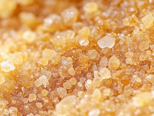 A close-up view of raw brown sugar crystals, showcasing their natural sweet and granular texture.