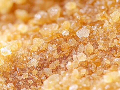 A close-up view of raw brown sugar crystals, showcasing their natural sweet and granular texture.