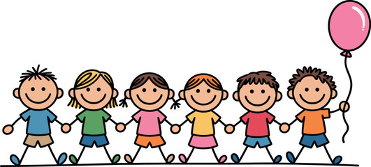 Children holding hands vector illustration happy kids with balloon clipart art