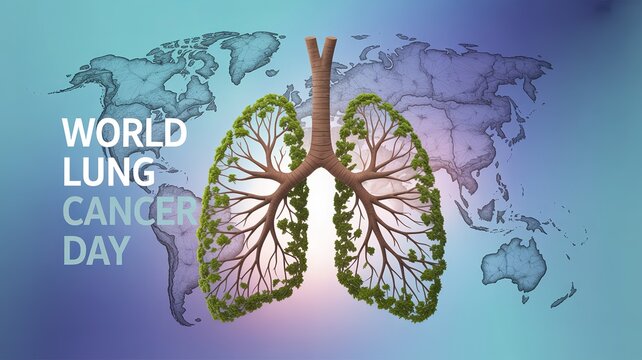 Powerful World Lung Cancer Day message with tree and map.