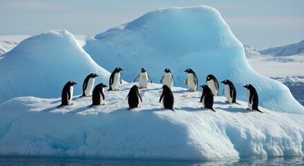 Penguins' meeting on a glacier to discuss environmental issues, showcasing antarctic wildlife in