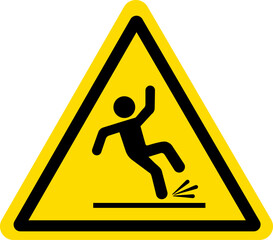 Slippery surface warning sign vector with falling person icon in yellow triangle on transparent background for safety and caution