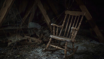 old wooden rocking chair in dusty old attic covered with cobwebs