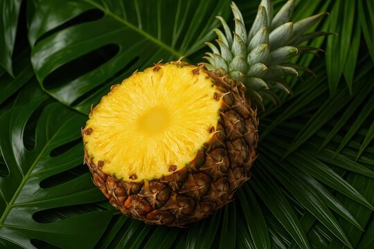 Fresh pineapple slice on green tropical leaves in a vibrant setting
