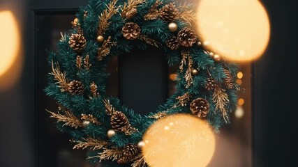 A festive christmas wreath with pine cones and golden ornaments hanging on a dark door frame - Powered by Adobe