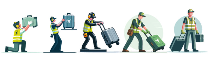 Sequence of illustrations showing a worker handling luggage and medical cases.