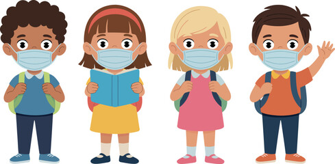 Children wearing masks back to school illustration covid safe education kids