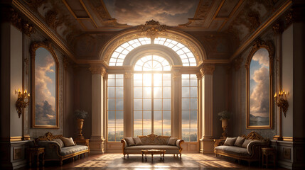 Obraz premium Grand european ballroom with arched windows and sunlight