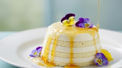 A layered dessert drizzled with honey and decorated with edible flowers on a white plate close up
