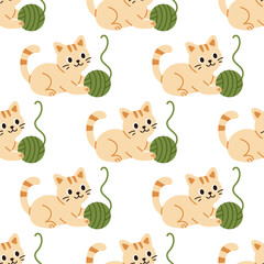 Vector seamless pattern with cute kittens playing with yarn. Playful light beige cats with balls of yarn on white background. Flat design pattern for kids and cat lovers. Seamless print.