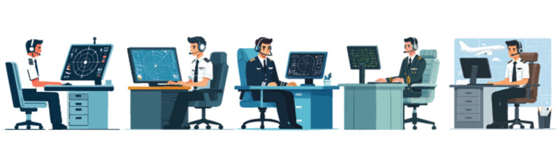 Five air traffic controllers working at computer consoles in a control tower.