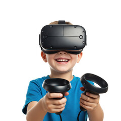 A young boy is filled with joy while using a virtual reality headset and controllers.