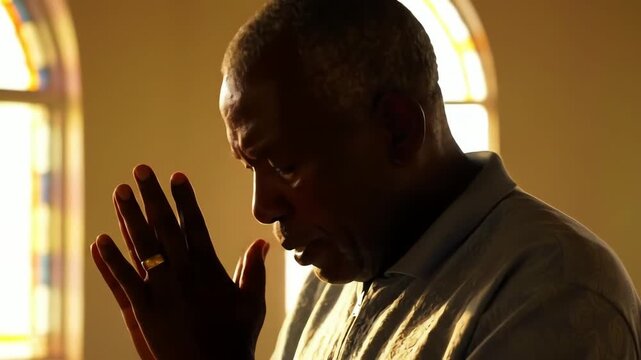 A devout senior African American man with hands clasped in prayer finding solace in a sunlit church