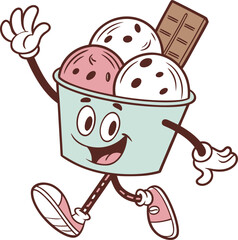 Happy cartoon ice cream cup character with three scoops of ice cream and a chocolate bar waving and running with a cheerful expression