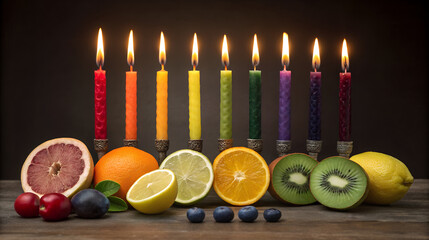 Colorful hanukkah menorah with fresh fruit and berries