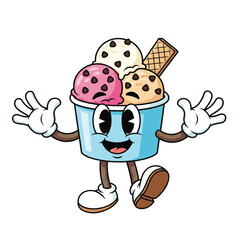 Joyful cartoon ice cream cup character with three scoops of ice cream and a wafer cookie spreading happiness and delight